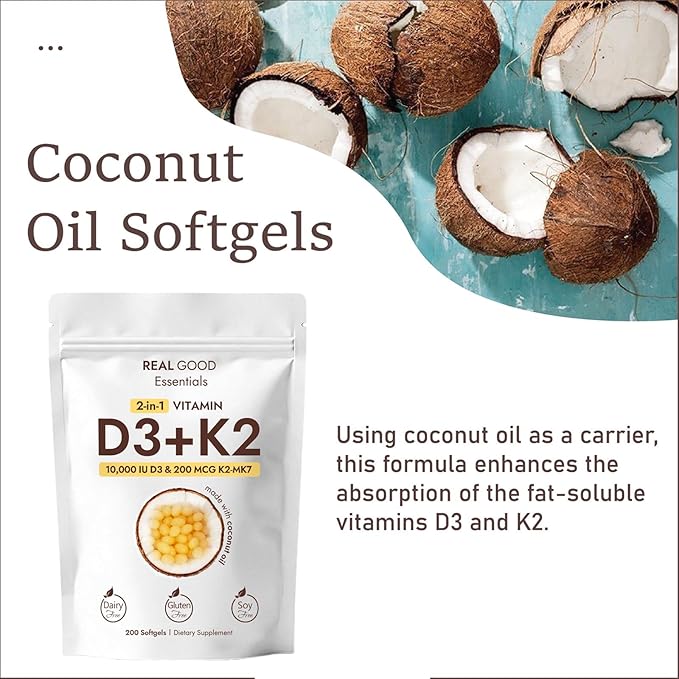 Real Good Essentials Vitamin D3 K2 10000 IU 200 Virgin Coconut Oil Softgels 2 in 1 Vitamins Supplement D &amp K (Include MK7) Easy to Swallow Supports Calcium Absorption Bone Health (1pc)