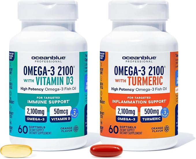 Oceanblue Omega-3 2100 Advanced Wellness Bundle – Vitamin D3 &amp Turmeric – High Potency Fish Oil for Heart Joint &amp Immune Support – 2-Pack