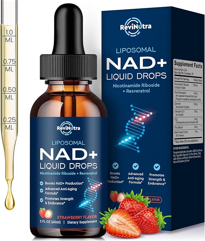 Liposomal NAD+ Liquid Supplement Nad Resveratrol Supplement for Women &amp Men Nicotinamide Riboside with PQQ CoQ10 Quercetin for Anti-Aging Brain Cellular Energy Health Strawberry Flavor 2 F