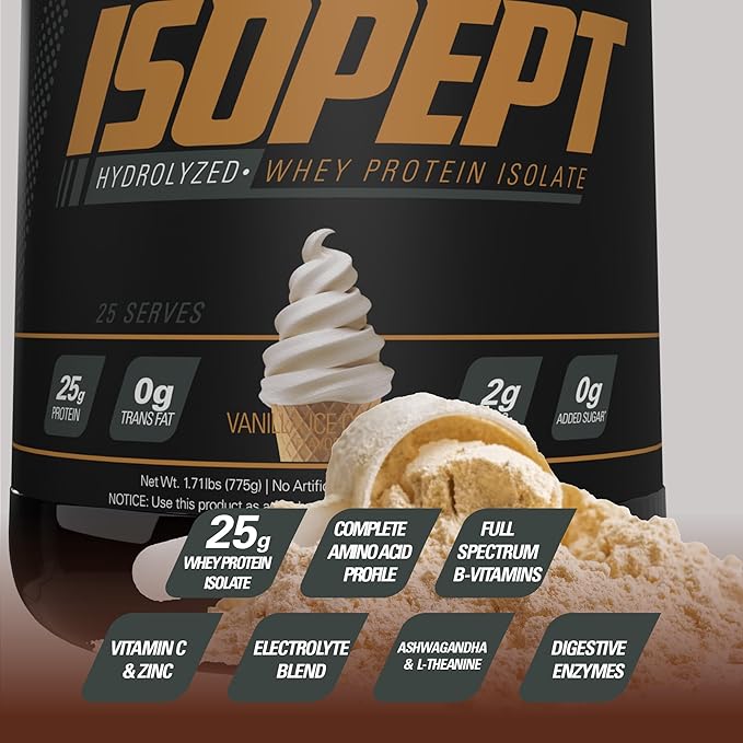 IsoPept Hydrolyzed Whey Protein Powder by EHPlabs - 100% Whey Protein Isolate &amp Hydrolysate 27g of Protein Non-GMO Gluten Free Fast Absorbing Easy Digesting 27 Serves (Vanilla Ice-Cream)