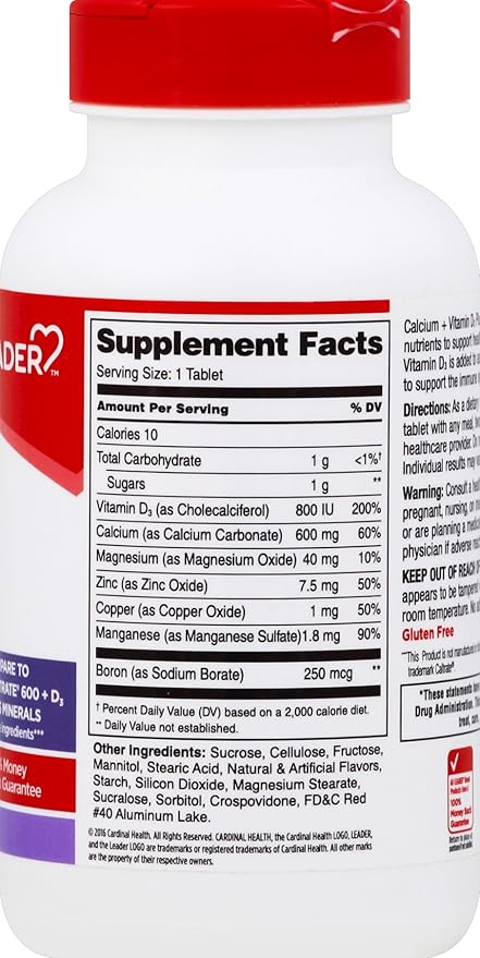 Leader Calcium Vitamin D3 Plus Minerals Bone Health Supplement with Magnesium &amp Zinc Supports Strong Bones &amp Teeth Enhanced Absorption Cherry Orange &amp Fruit Punch Flavor 60 Chewable