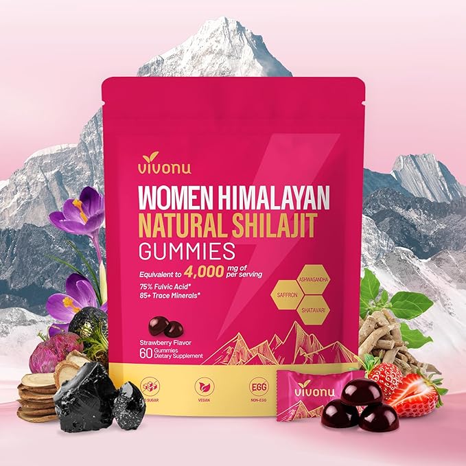 VivoNu Shilajit for Women Contains Tongkat Ali Ashwagandha* Ginger Saffron for hormonal* Balance &amp Energy | Tasty Shilajit Strawberry Flavor with Pure Himalayans Shilajitn* (1 Bag)