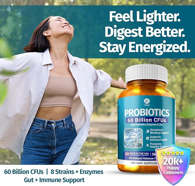 1 Body 60 Billion Probiotics for Men &amp Women Gut Health for Men &amp Women with Prebiotics Digestive Enzymes Zinc &amp L-Glutamin Non-GMO 60 Vegan Digestive Probiotic Capsules
