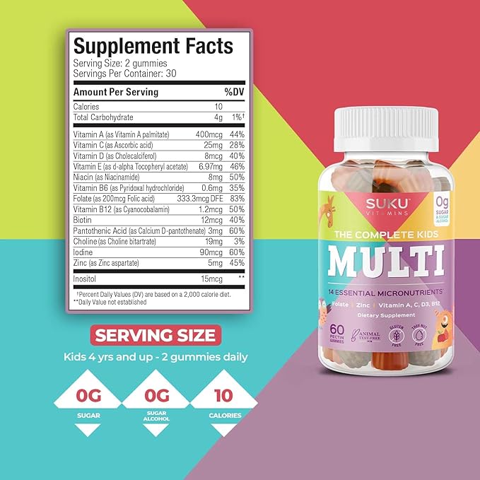 SUKU The Complete Kids Multivitamin Gummies – Vitamins A C D E B6 B12 Folate &amp Zinc – Immune Support Sugar-Free Gluten-Free Non-GMO Tropical Bonanza Flavor – 60 Count