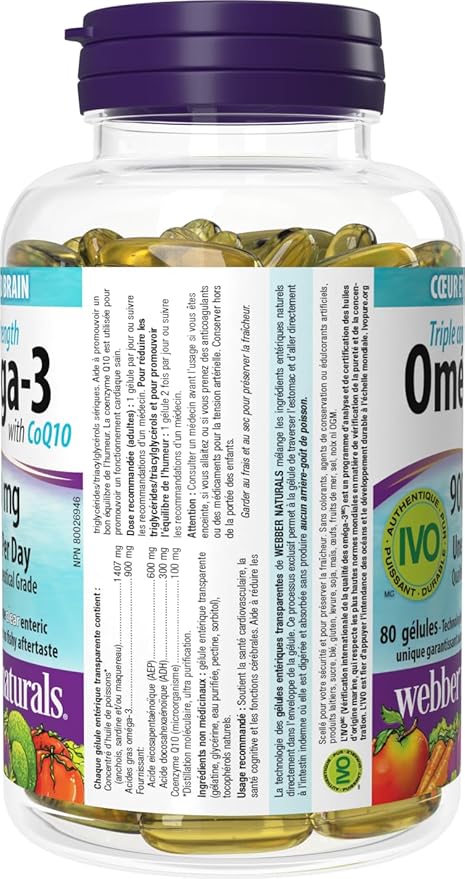 Webber Naturals Triple Strength Omega-3 with CoQ10 enteric coated 900 mg Omega-3 (EPA • DHA)/ 100 mg CoQ10 80caps