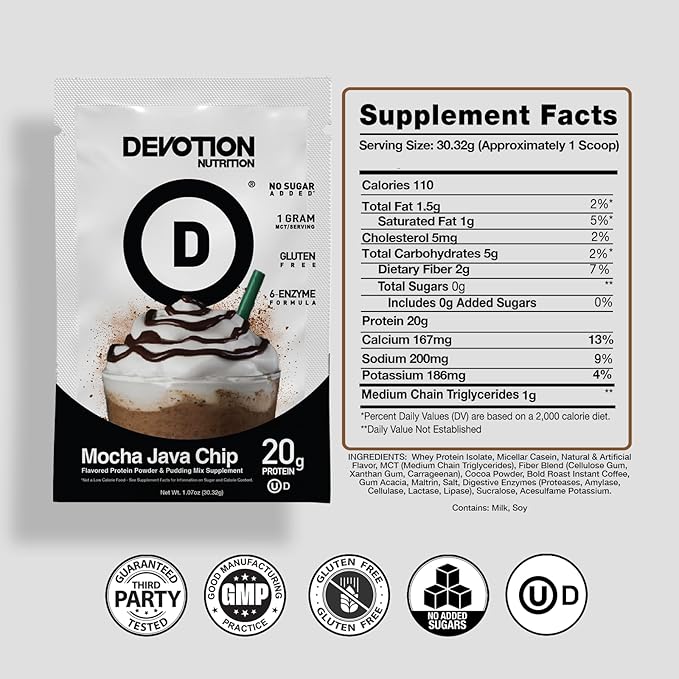 Devotion Nutrition Protein Powder Blend | Gluten Free Keto Friendly No Added Sugars | 1g MCT | 20g Whey &amp Micellar Protein | 12 Single Serving Packets (Mocha Java Chip)