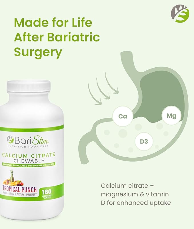 BariSlim Bariatric Calcium Citrate with Magnesium &amp Vitamin D Tabs - 500mg Calcium Citrate - Formulated for Post Weight Loss Surgery - Supports Bone Health | Tropical Punch | 180 Tablets