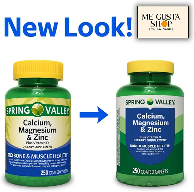 Spring Valley Calcium Magnesium &amp Zinc Plus Vitamin D3 Coated Caplets 250 Count (Pack of 2) 500count Total + me Gusta Sticker