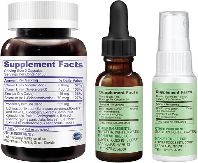LOVITA Throat &amp Immune Bundle - 2 Propolis Drops 2 Sprays &amp 1 Immune 8-in-1 Capsule Bottle Alcohol-Free Relief &amp Daily Defense (5 Pc Set)