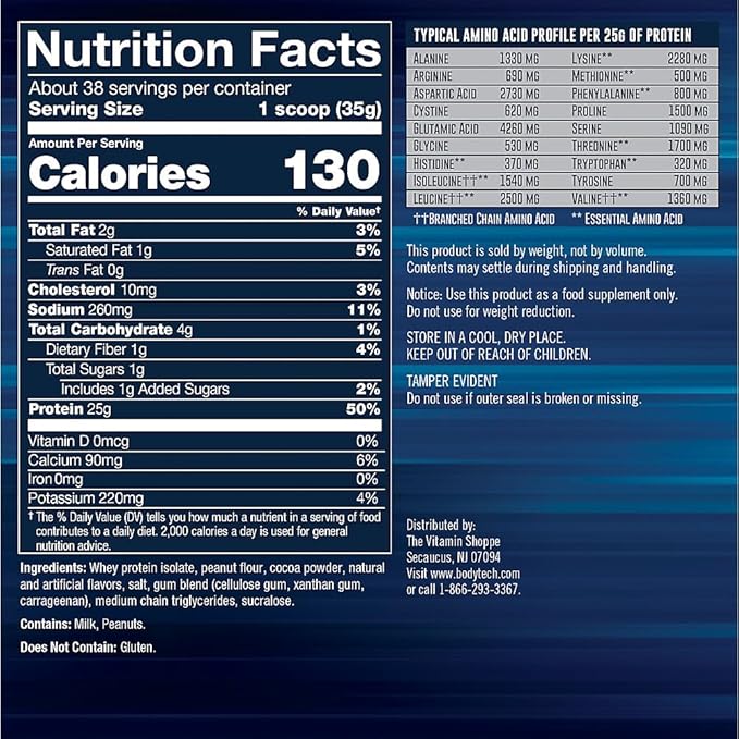 BodyTech Whey Protein Isolate Powder - 25g Protein per Serving with BCAAs - Fast-Absorbing for Muscle Growth &amp Recovery - Rich Chocolate (3 lb 38 Servings)