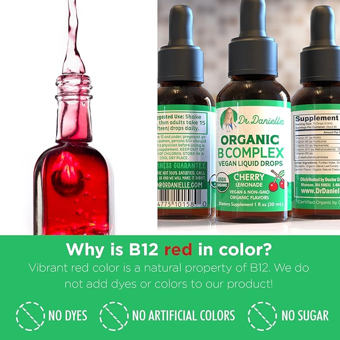 Organic Vitamin B Complex Liquid Drops | B Vitamins Complex Supplement with B3 B6 B7 B9 &amp Methyl B12 Drops for Adults &amp Kids | Vegan Cherry Flavor 1oz | 60 Servings / 2 Month Supply