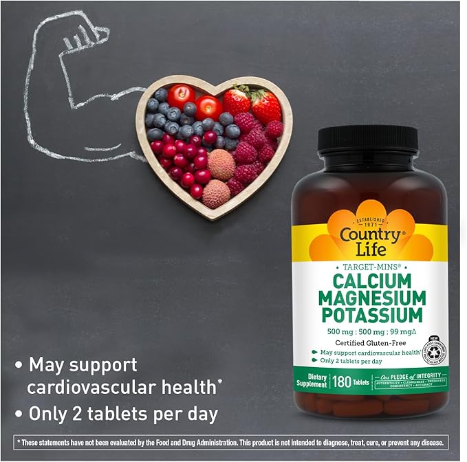 Country Life Target Mins - Calcium Magnesium Potassium Bone &amp Heart Health Supplement 1000mg Calcium 500mg Magnesium Supports Calcium Utilization 180 Tablets – Certified Gluten Free &amp Vega