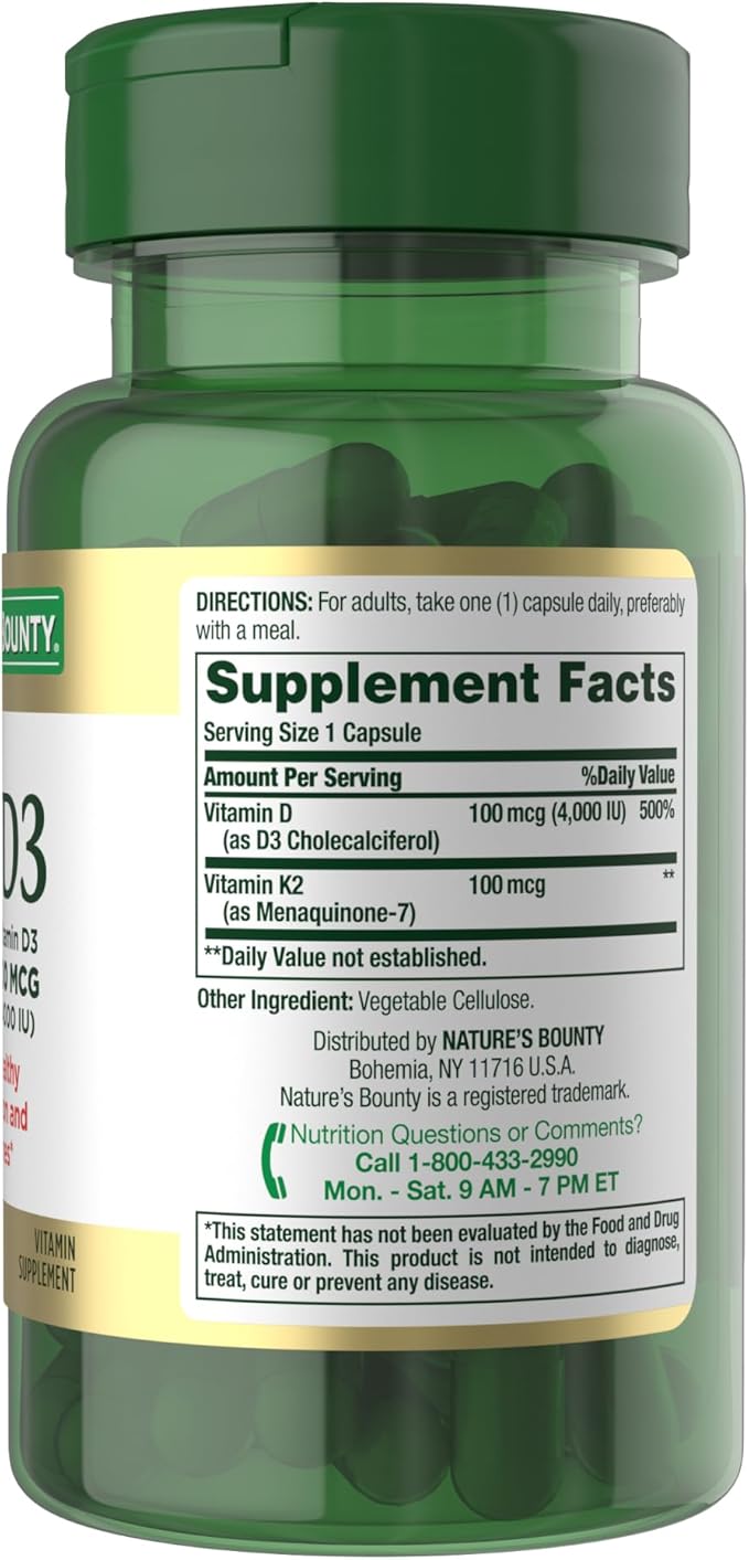 Nature's Bounty Vitamin D3 K2 Supplement 4000 IU D3 Plus 100 mcg of Vitamin K Supplements for Adults for Heart &amp Bone Health Support 60 Day Supply 60 Vegetarian Capsules (Pack of 3)