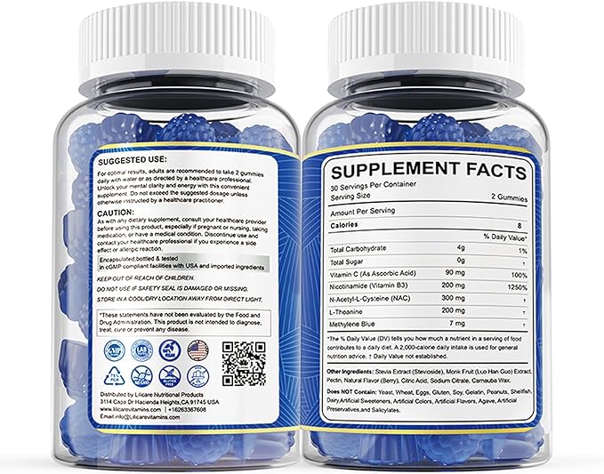Men's Methylene Blue Gummies 7mg Methylene Blue for Humans Supplement w/NAC VIT B3 &amp L-Theanine Brain &amp Mitochondrial Support Enhances Energy Focus and Cognitive Sugar Free 60 Ct