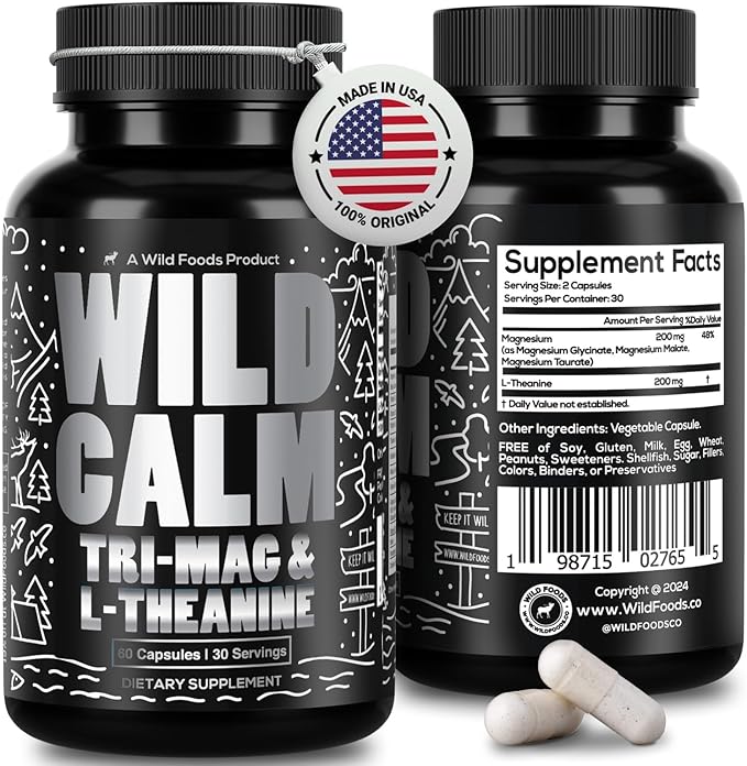 Wild Foods Tri-Mag &amp L-Theanine – Triple Magnesium Complex for Sleep w/L Theanine – Magnesium Glycinate Malate Taurate – 100% Natural – 60 Capsules