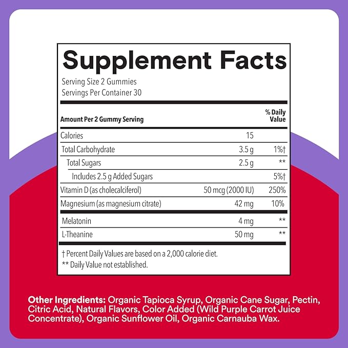 SmartyPants Adult Sleep Gummies with Melatonin: Magnesium &amp L-Theanine Drug-Free Non-Habit Forming Sleep Aid Fast-Acting Blueberry BlackBerry Flavor 60 Count