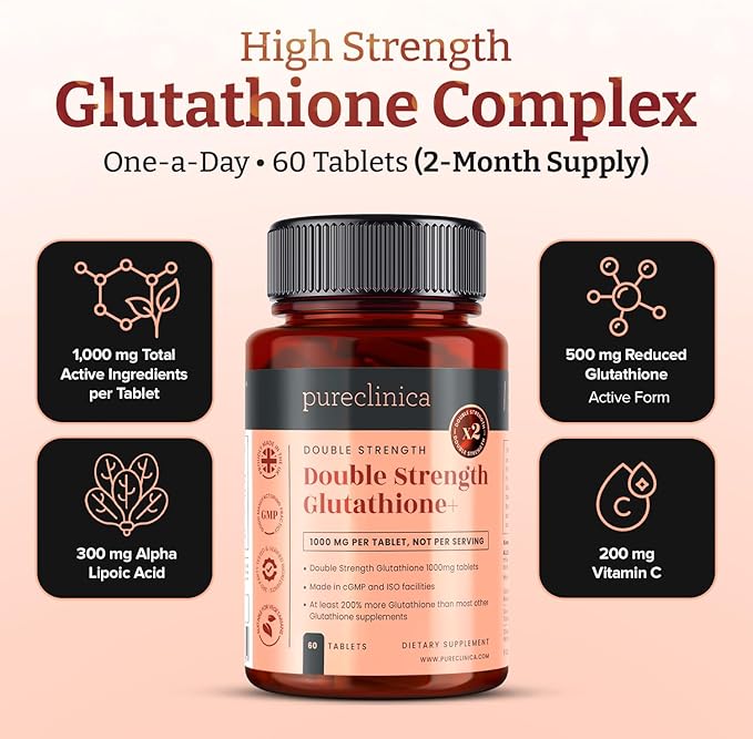 pureclinica Glutathione 1000mg – 120 Tablets (2 x 60) | High Strength with 500mg Glutathione 300mg ALA 200mg Vitamin C | Antioxidant &amp Detox Support 1-a-Day