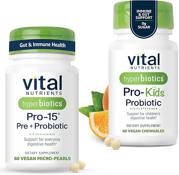 Hyperbiotics Vital Nutrients Family Probiotic Bundle – Pro-15 Prebiotics + Probiotics for Adults (60 Time Release Pearls) &amp Pro-Kids Chewable Probiotic Tablets (60 Count)