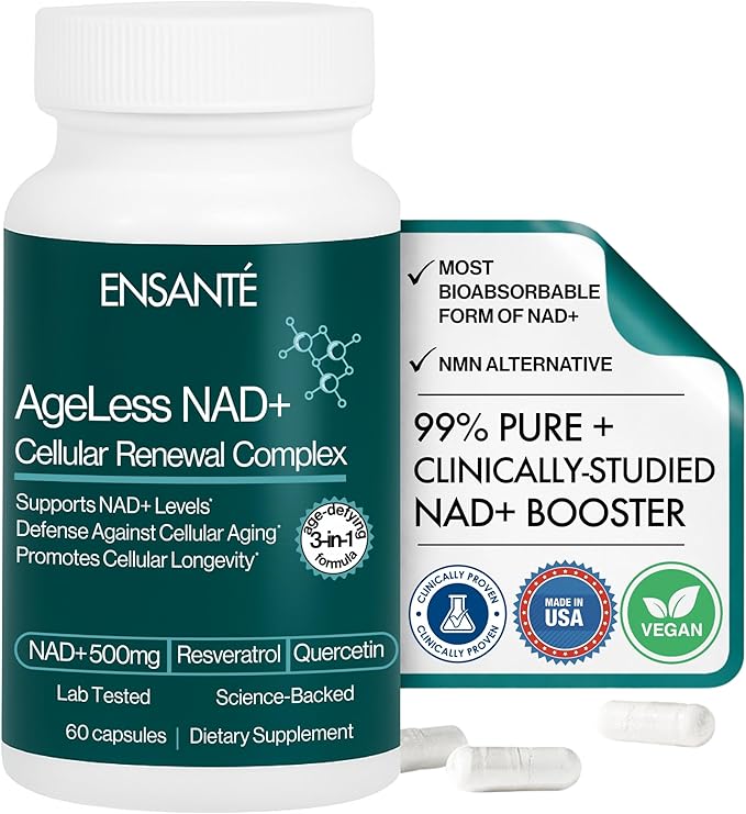 ENSANTE Advanced NAD+ Supplement 500mg with Resveratrol Quercetin Nicotinamide Riboside NAD Supplement for Women Men for Cellular Longevity Anti Aging Cognitive Support 60 Veggie Capsules USA