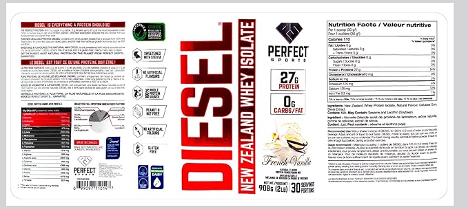 PERFECT SPORTS Diesel 100% New Zealand Whey Protein Isolate | Stevia Sweetened No Artificial Ingredients Keto | 0g Carb 0g Fat 26g Protein | 2 Pounds (French Vanilla)
