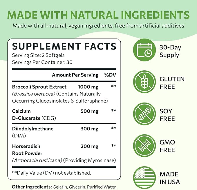 Sulforaphane Supplement from Broccoli Sprouts DIM and CDG Triple Blend Natural Enzyme Myrosinase for High Sulforaphane Broccoli Supplement for Detox Antioxidant and Balance 60 Vegan Softgels