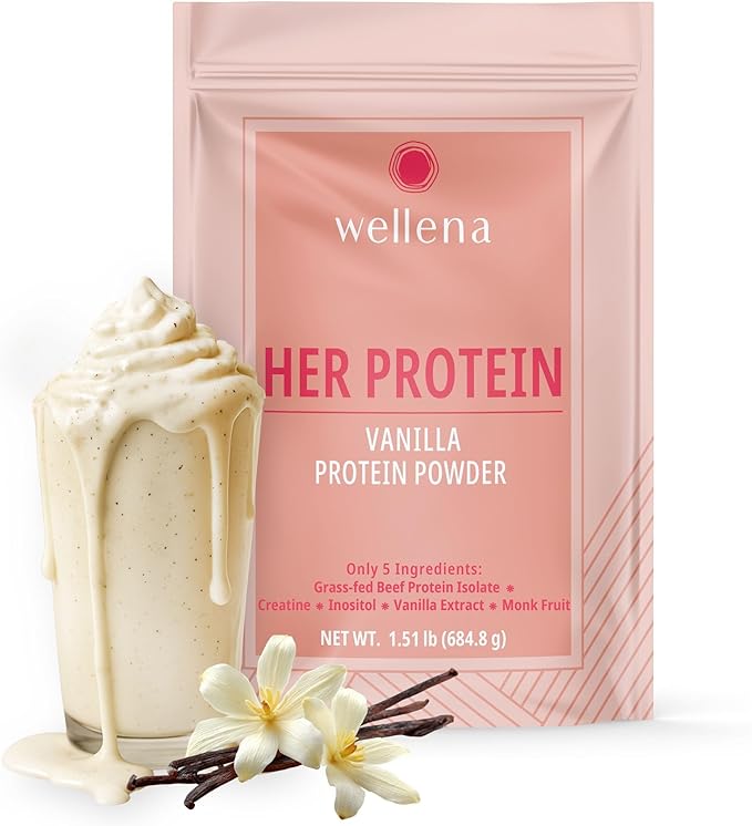 Wellena Her Protein – 3-in-1 Whey-Free Beef Isolate Formula with Creatine &amp Inositol – Grass-Fed Protein Powder – Dairy &amp Pea Free – Women’s Daily Nutrition