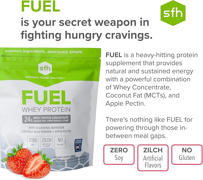 SFH Fuel Whey Protein Powder Great Tasting Grass Fed Whey | MCTs &amp Fiber for Energy | All Natural | Soy Free Gluten Free No RBST No Artificial Flavors (Strawberry (1.6lb Bag))