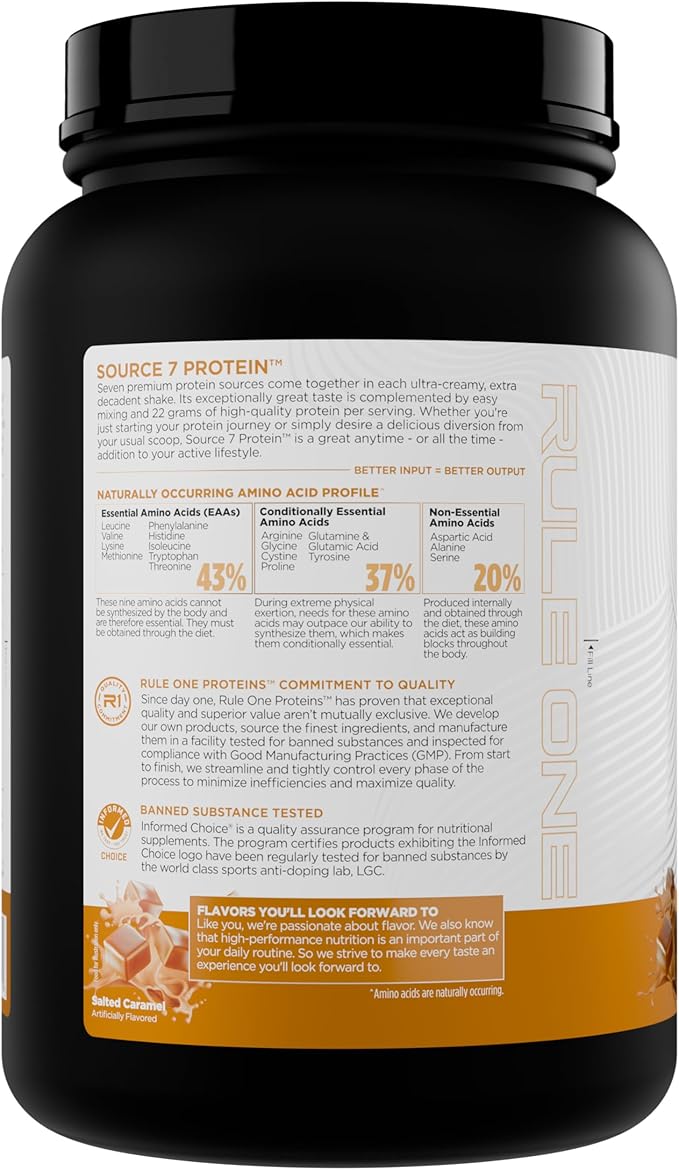Rule 1 Source 7 Protein – Decadent Flavor Velvety Smooth Texture 22g Anytime Protein and 10g Naturally Occurring EAAs Per Serving from 7 Premium Sources (1.8 Pounds* Salted Carmel)