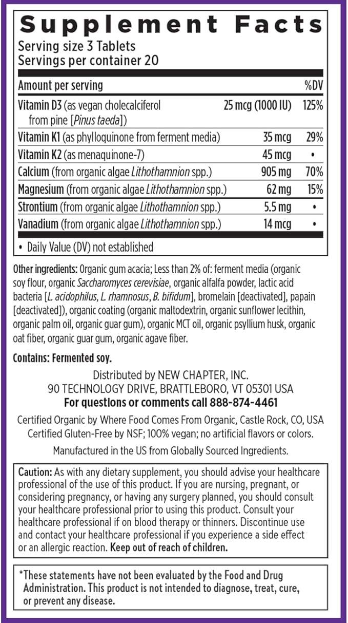 New Chapter Calcium Supplement - Bone Strength Plant-Based USDA Organic Calcium with Magnesium Vitamin D3+K2 for Bone Health &amp Joint Mobility Heart Support 905 mg dose - 60 Slim Tablets