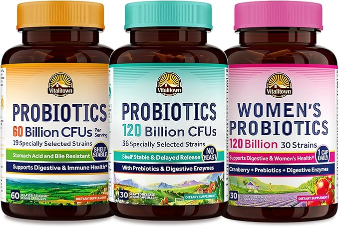 Vitalitown Probiotic Bundle (Pack of 3) | 60 Billion CFU Probiotics 120 Billion CFU Probiotics &amp Women’s Probiotics | Shelf Stable for Gut &amp Vaginal 30 Day Supply Each