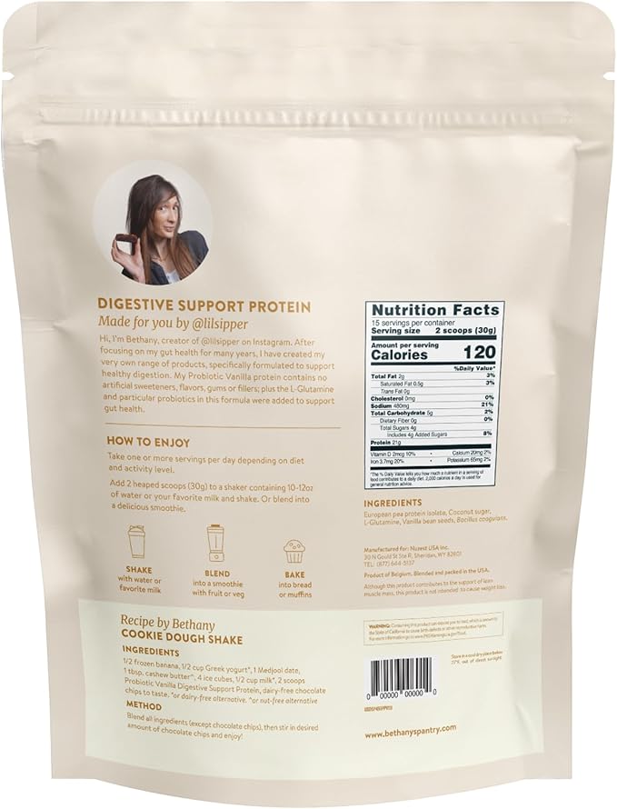 Nuzest Bethany's Pantry Digestive Support Protein - Probiotics for Digestive Health – Clean Lean Protein - Premium Vegan Pea Protein Powder – Plant Based - 20 Servings 1 Pound (Pack of 1) - Vanilla