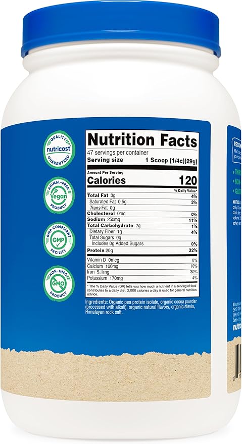 Nutricost Organic Pea Protein Powder (3 LBS) Chocolate - Certified USDA Organic Protein from Plants Vegetarian Friendly Gluten Free Non-GMO