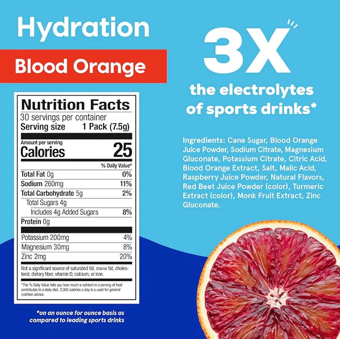 Hydrant - Hydration Powder Blood Orange Flavor 30 Individual Instant Electrolyte Rehydration Packets - Low Sugar Drink Mix for Daily Use Travel &amp Workouts