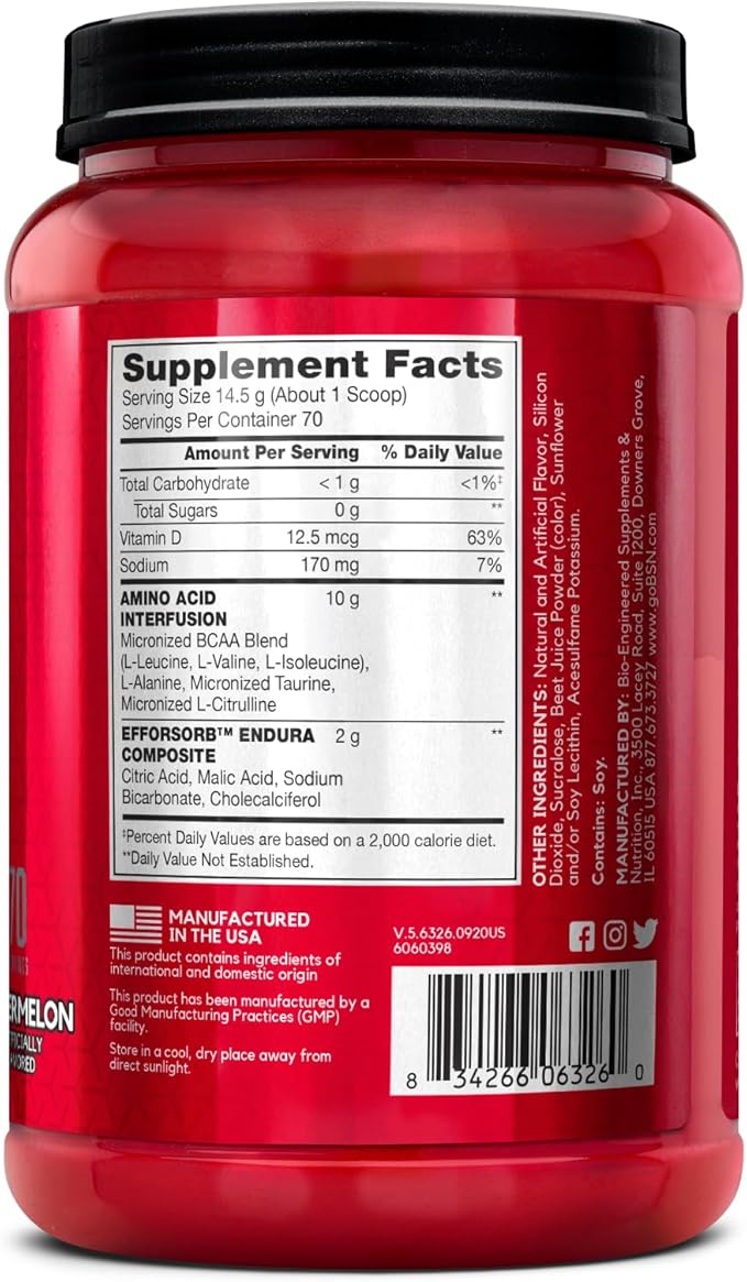BSN Amino X Muscle Recovery &amp Endurance Powder BCAAs 10 Grams of Amino Acids Keto Friendly Caffeine-Free Support Endurance Zero Sugar Watermelon 70 servings 35.84 Ounce (Packaging May Var