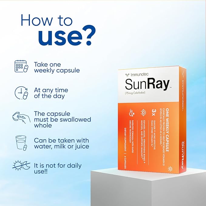 Immunotec Sunray Vitamin D 5-Month Supply – Calcifediol 75 mcg – Once a Week Dose – Superior Absorption - Fast Acting