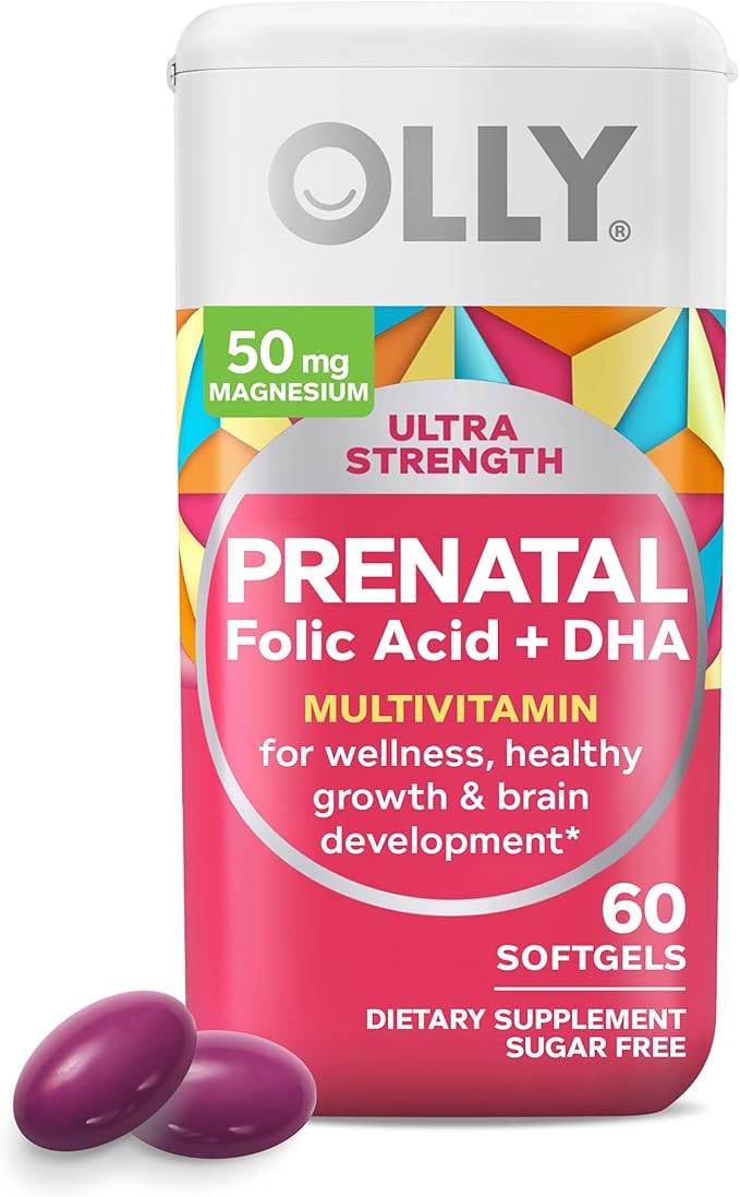 OLLY Ultra Strength Prenatal Multivitamin Softgels Supports Healthy Growth Brain Development &amp Probiotic + Prebiotic Gummy Digestive Support and Gut Health 500 Million CFUs Fiber