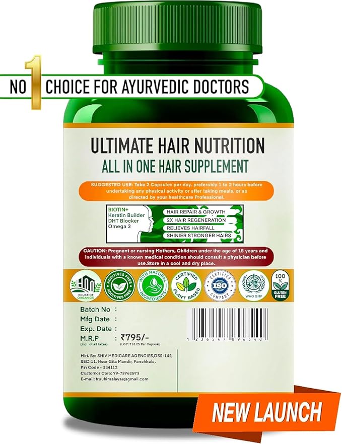 Plant Based Biotin 10000mcg for Hair Growth with DHT Blocker Keratin &amp Omega 3 Supplement Vitals for Men &amp Women - Ayurvedic Nutrients for Hair Fall Skin &amp Nails Health - 60 Capsules