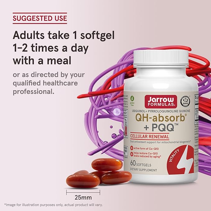Jarrow Formulas® QH-Absorb® + PQQ Dietary Supplement Antioxidant Support for Mitochondrial Biogenesis Cellular Energy Production and Cardiovascular Health 60 Softgels 60 Day Supply