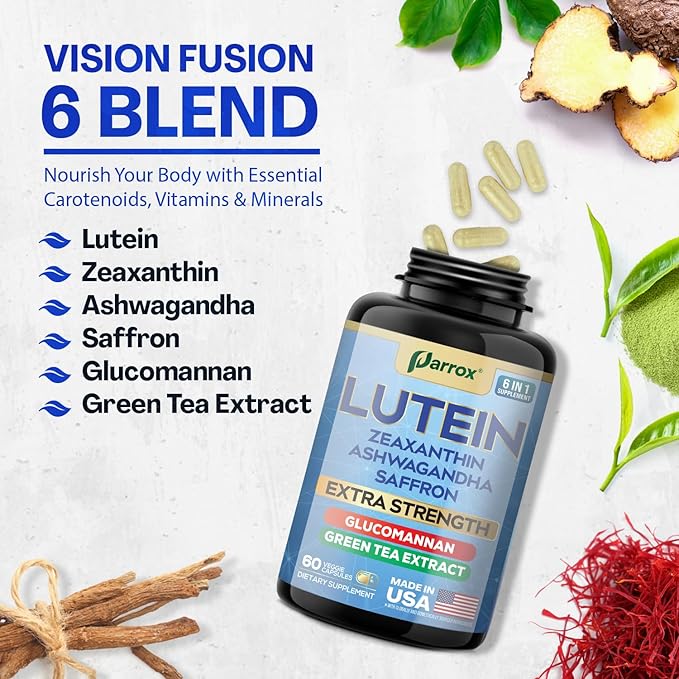 Lutein Supplement with Zeaxanthin Ashwagandha Saffron Green Tea Extract Glucomannan Eye Vitamins for Adults Vision Health Supplement Plant-Based Formula for Daily Support (2 Pack)