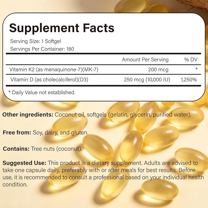 Vitamin D3 10000 IU with K2 MK-7 200 mcg Softgels 180 Count | Supports Bone Heart &amp Immune Health | Enhanced Absorption with Organic Coconut Oil Non-GMO Easy to Swallow Supplement (01)