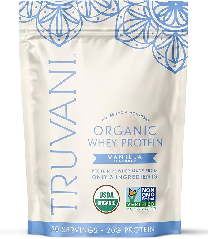 Truvani Organic Whey Protein Powder | Vanilla | 20g Grass Fed Whey Protein | 20 Servings | USDA Organic &amp Non-GMO | Gluten Free | No Gums No Soy No Stevia No Added Sugars