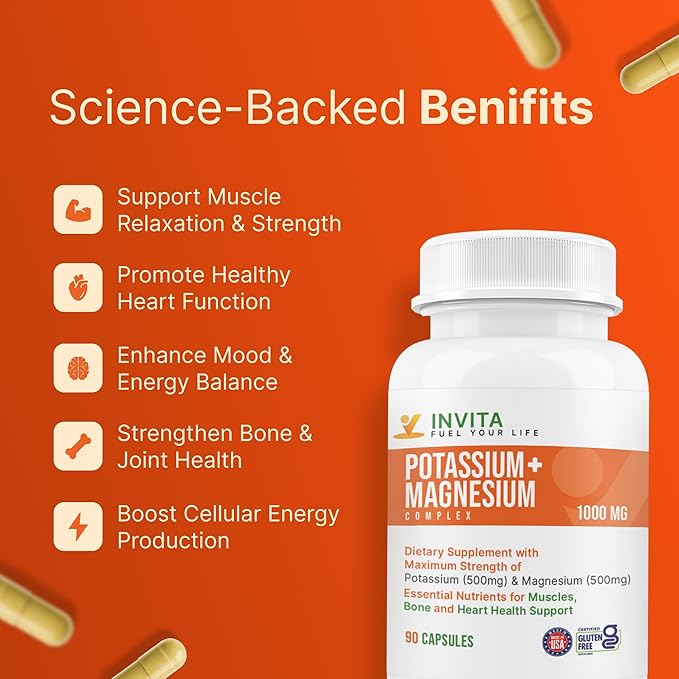 Invita Potassium Magnesium Complex 1000 MG for Leg &amp Muscle Support I (90 Capsules) - High Absorption Potassium Aspartate with Magnesium Aspartate Oxide Glycinate Gluconate &amp Citate