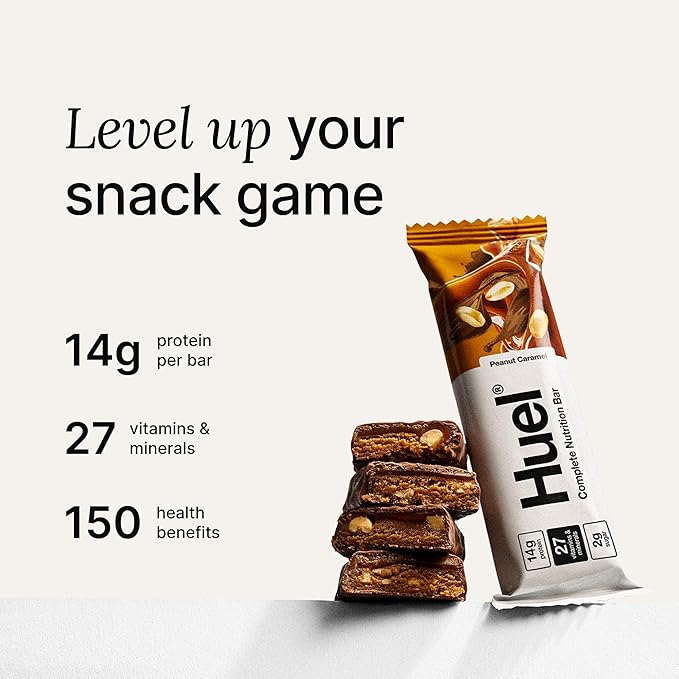 Huel Complete Nutrition Vegan Protein Bars | Peanut Caramel | 13g Protein | 27 Vitamins &amp Minerals 2g Sugar Non-GMO 100% Plant Based Snack | 12 Pack
