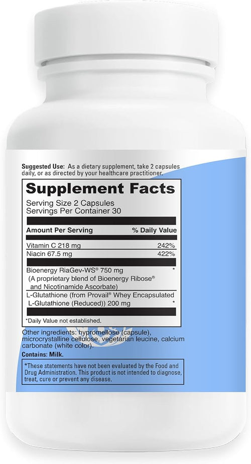 Active NAD+ with Bioavailable Glutathione – Energy Brain &amp Cellular Support Supplement – RiaGev® NAD+ Booster + Provail® Glutathione – 60 Vegetarian Capsules