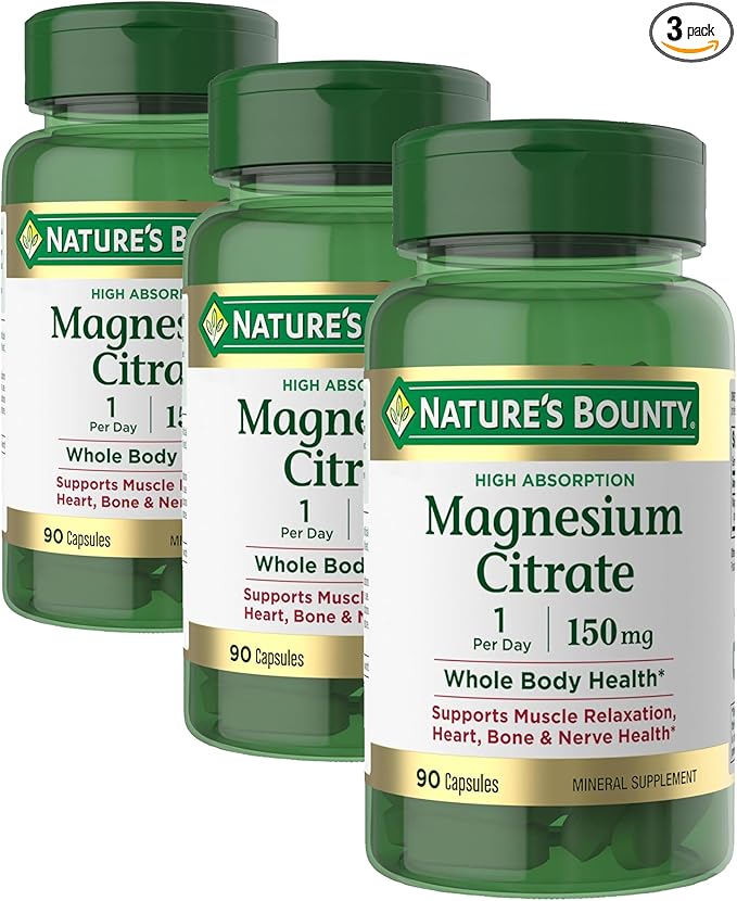 Nature’s Bounty Magnesium Citrate High Absorption Magnesium Supplement for Whole Body Health with 150 mg Magnesium Vegetarian Gluten Free 90 Capsules (Pack of 3)