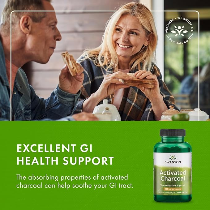 Swanson Activated Charcoal Digestive Support Supplement for Digestive-Comfort-Seeking Adults - 260 mg Per Capsule (120 Capsules 520 mg Per Serving 4 Pack)