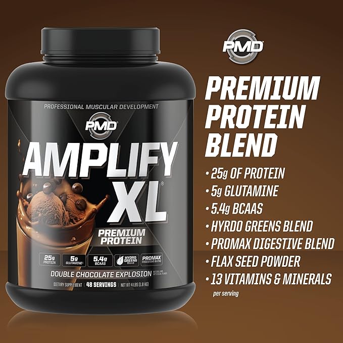 PMD Sports Amplify XL Premium Whey Protein Supplement Hydro Greens Blend - Glutamine and Whey Protein Matrix with Superfood for Muscle Strength and Recovery - Double Chocolate Explosion (48 Servings)
