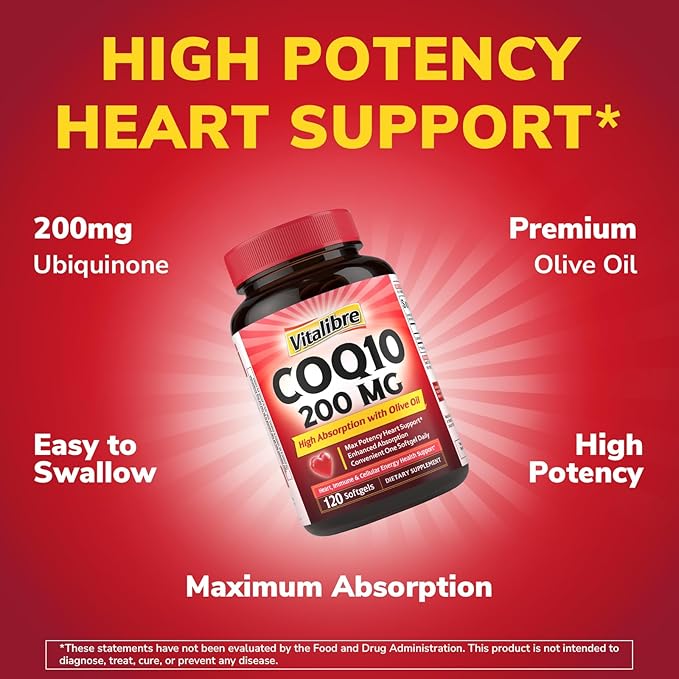 CoQ10 200 mg with Extra Virgin Olive Oil High Absorption CoQ10 Ubiquinone Max Potency Heart &amp Cellular Energy Support Powerful Antioxidant Easy to Swallow Once Daily 120 Softgels