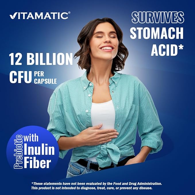 Vitamatic Lactobacillus Gasseri - 12 Billion per DR Capsule - 60 Count - Digestive Support - Made with Prebiotic Inulin Fiber- 2 Pack