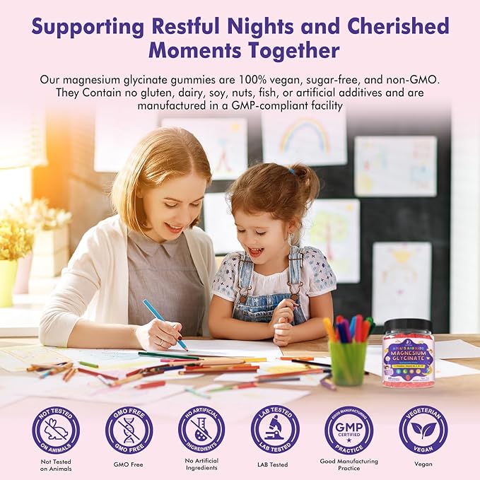 Magnesium Glycinate Gummies for Kids 4+ &amp Adults- Melatonin Free Sleep Aid Magnesium Glycinate 150/300 mg Supplements for Calm &amp Relaxation Support Sugar Free Strawberry Flavor 120 Ct